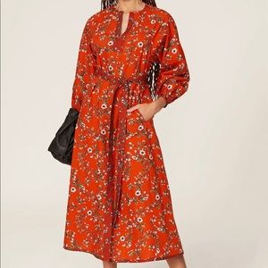 Tory Burch Floral Tie Waist Long Sleeve Cotton Dress